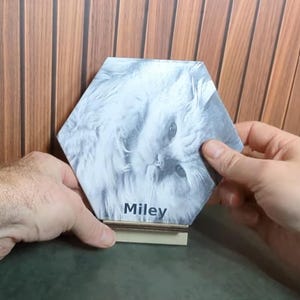 Puede incluir: Un posavasos hexagonal con una imagen en escala de grises de un gato blanco y esponjoso. El nombre del gato, "Miley", está impreso en una fuente oscura debajo de la imagen. El posavasos se sujeta con un soporte de madera.