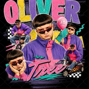 May include: A graphic design featuring the text OLIVER TREE with multiple images of a person with a bowl cut hairstyle wearing a purple and pink windbreaker, red sunglasses, and blue jeans, including a pink balloon and a car with flame decals.