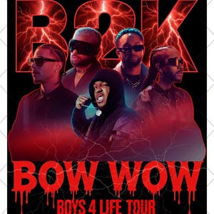 Pode incluir: Gráfico de download digital com cinco homens com óculos de sol, contra um fundo de raios vermelhos. O texto "B2K" está no topo, com "BOW WOW" e "BOYS 4 LIFE TOUR" na parte inferior. As palavras "DOWNLOAD DIGITAL" e "FUNDO TRANSPARENTE" também estão presentes.