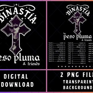 Könnte beinhalten: Schwarzer digitaler Download mit einem stilisierten Kreuzdesign mit dem Wort "DINASTIA" darüber und "by peso pluma & friends" darunter. Enthält einen Tourplan und den Text "DIGITAL DOWNLOAD".