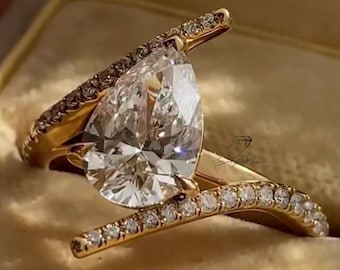 3カラット ペアカット モアッサナイト エンゲージリング、14K/18K ソリッドゴールド、ペアシェイプ スプリット バイパスシャンク ヒドゥンハローリング、ユニークなヴィンテージリング、結婚祝い