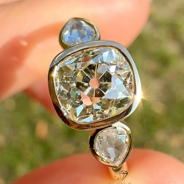 Three Stone Old Mine Cushion Cut Moissanite Engagement Ring, 18K Solid Gold, Cushion Side Stone, 3 CT Cushion Ring, 3 Stone Bezel Ring Gift