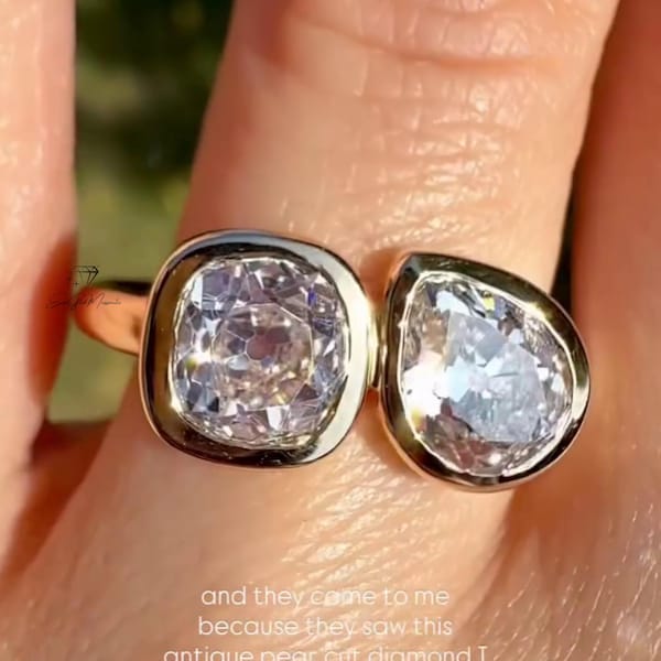 Toi Et Moi 4 TCW Old Mine Cushion & Pear Cut Bezel Moissanite Engagement Ring 14K/18K Solid Gold Two Stone Ring, Wedding Gift for her