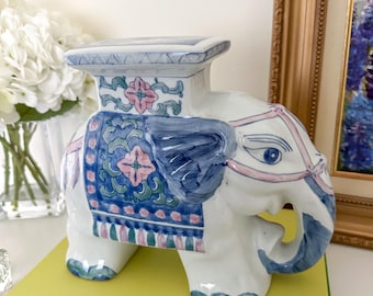 Vintage Chinoiserie Blue Pink Elephant Plant Stand Garden Stool