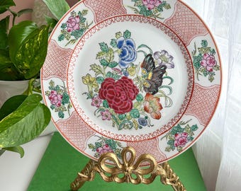 Vintage Famille Rose Pink Red Peony & Butterfly Chinoiserie Porcelain Plate