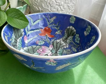 Vintage Chinoiserie Cobalt Blue Hand-Painted Lotus & Mandarin Duck Porcelain Bowl