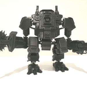 May include: A black, 3D-printed robotic figure featuring a bulky, armored torso, thick legs with clawed feet, and two distinct arms. The right arm ends in a large, circular saw blade, while the left arm is equipped with a multi-barreled weapon system.