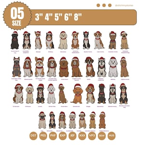 May include: An illustration featuring numerous dog breeds, each adorned with a Santa hat. Breeds include a Newfoundland, Australian Shepherd, and Boston Terrier. The image displays size options: 7.6cm, 10.2cm, 12.7cm, 15.2cm, and 20.3cm.