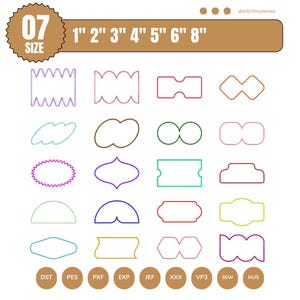 Puede incluir: Una colección de contornos de varias formas en diferentes colores, incluyendo rosa, azul y verde. Los tamaños varían de 2,5 cm a 20 cm. La palabra "SIZE" está en un círculo marrón, con el número "07" en su interior. La imagen también incluye abreviaturas de tipos de archivo.