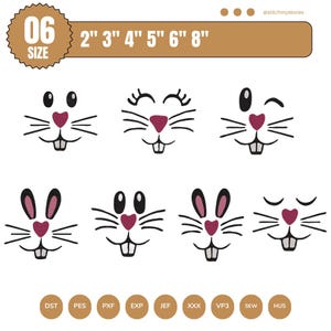 May include: A collection of eight bunny face designs with various expressions. Each face features a pink heart-shaped nose, black whiskers, and two buck teeth. The designs are in black and white, with the size ranging from 2 to 8 inches.