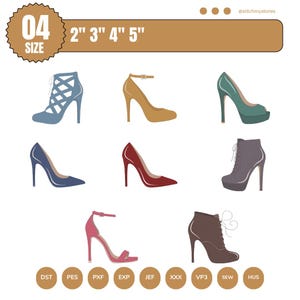 May include: A digital illustration featuring eight distinct high-heeled shoe designs in various colors including blue, tan, green, red, and brown. The graphic includes the text 04 SIZE and 2" 3" 4" 5" along with file formats DST, PES, PXF, EXP, JEF, XXX, VP3, SEW, HUS.