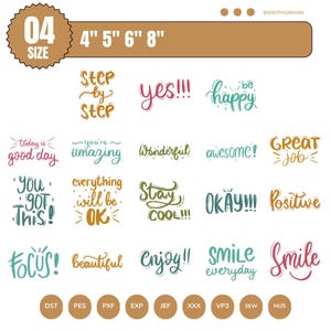 Könnte beinhalten: Eine Sammlung handgeschriebener Sätze in verschiedenen Farben und Schriftarten, darunter „Step by Step“, „Yes!!!“ und „Be Happy“. Das Design bietet auch Größen von 10 cm, 13 cm, 15 cm und 20 cm. Ideal für Bastelprojekte.