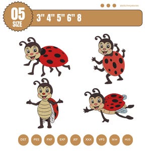 May include: Four cartoon ladybug designs with red and black bodies, black antennae, and smiling faces. The image includes text indicating sizes from 7.6cm to 20.3cm and the number "05". Various embroidery file formats are listed at the bottom.