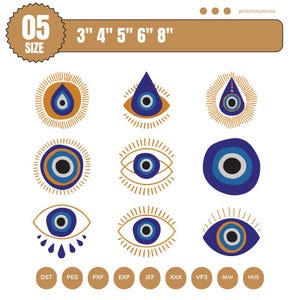 May include: A collection of nine blue and gold evil eye designs. The designs vary in shape and style, with sizes ranging from 3 to 8 inches. The image also includes the text "05 SIZE" and various file type abbreviations.