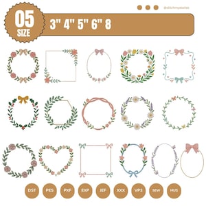 Könnte beinhalten: Eine Sammlung floraler Kranzdesigns in verschiedenen Formen, darunter Kreise, Quadrate und Herzen. Die Designs zeigen Schleifen und Blumen in Pastellfarben. Das Bild enthält auch Größenoptionen von 7.6 bis 20.3 cm und Dateitypoptionen.