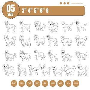 Könnte beinhalten: Illustrationen von Hunden verschiedener Rassen, mit Größen von 7.6 cm bis 20.3 cm. Das Design enthält den Text "05 SIZE" und Dateityp-Abkürzungen wie DST, PES und EXP. Der Hintergrund ist weiß.