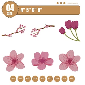 May include: Embroidered floral designs in shades of pink and purple. The image includes cherry blossom branches, individual flowers, and a cluster of tulips. The text indicates sizes of 4", 5", 6", and 8".