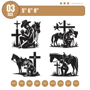 May include: Black and white illustrations of a cowboy kneeling in prayer before a cross, with a horse nearby. The image includes the text "03 SIZE 5" 6" 8"" and various file format abbreviations.