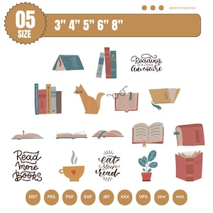 Könnte beinhalten: Eine Sammlung von Illustrationen zum Thema Bücher, darunter Bücherstapel, offene Bücher, eine Katze und eine Tasse Kaffee. Der Text enthält "Reading is a little adventure", "Read more books" und "eat sleep read". Größen von 7.6 cm bis 20.3 cm.