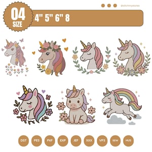 Könnte beinhalten: Sieben Einhorn-Designs mit bunten Mähnen und Hörnern, umgeben von floralen und dekorativen Elementen. Das Bild enthält den Text "04 SIZE 4" 5" 6" 8" und verschiedene Dateityp-Abkürzungen. Geeignet für Stickereien.