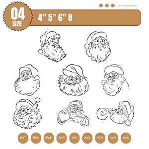 Pode incluir: Desenhos a traço em preto e branco de rostos do Pai Natal em várias poses. A imagem inclui o texto "04 SIZE 4" 5" 6" 8" e várias abreviações de tipos de arquivo. A imagem é para projetos de bordado ou artesanato.