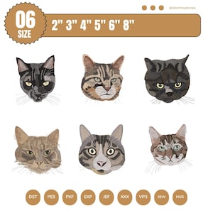 May include: Six embroidered cat face designs in various colors and patterns. The image includes text indicating sizes from 2 to 8 inches. The design is for embroidery, with various file formats listed at the bottom.