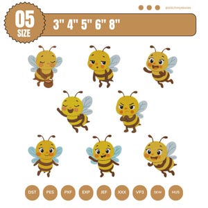 May include: A collection of cartoon bee designs with various expressions. The bees are yellow and brown with blue wings. The image includes text indicating sizes from 3 to 8 inches. The text also includes the word "SIZE".