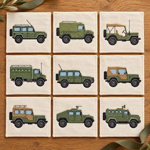 May include: A set of nine square fabric coasters, each featuring a unique embroidered off-road vehicle in shades of olive green, tan, and brown. The designs include various utility trucks, SUVs, and open-top jeeps on a cream-colored background.