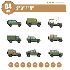 Puede incluir: Una colección digital de nueve ilustraciones de vehículos todoterreno verdes, incluyendo camiones y SUV. El banner superior muestra el texto 04 SIZE 2" 3" 4" 5" y @stitchmystories. Los círculos inferiores enumeran los formatos: DST, PES, PXF, EXP, JEF, XXX, VP3, SEW, HUS.