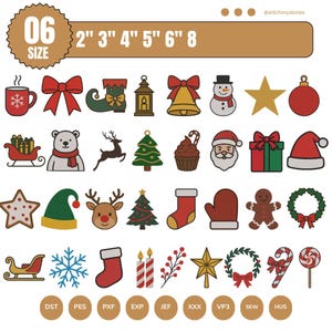 May include: A collection of Christmas-themed embroidery designs. The designs include a snowman, Santa Claus, a Christmas tree, a gingerbread man, a star, a bow, a bell, a stocking, a mitten, a wreath, and a candy cane. Sizes range from 2" to 8".