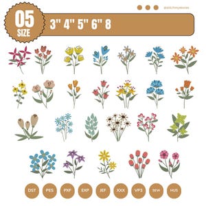 May include: A selection of vibrant floral designs in diverse styles. The image features the text "05 SIZE" and measurements of 3", 4", 5", 6", and 8". The designs are accompanied by file type abbreviations: DST, PES, PXF, EXP, JEF, XXX, VP3, SEW, and HUS.