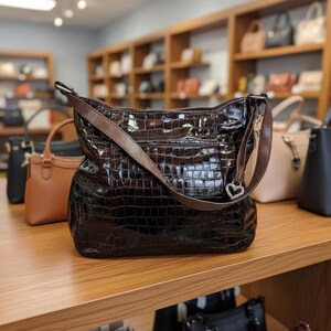 K&ouml;nnte beinhalten: Eine gl&auml;nzende, dunkelbraune Handtasche mit Krokodilhautstruktur liegt auf einem Holzregal. Die Tasche hat einen braunen Lederriemen und einen herzf&ouml;rmigen Silberanh&auml;nger. Weitere Handtaschen sind im Hintergrund zu sehen.
