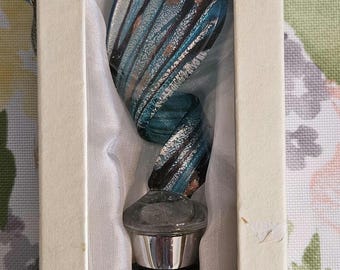 Murano Glass Wine Stopper, Blue Gold Turquoise, Handcrafted Italy (COA)