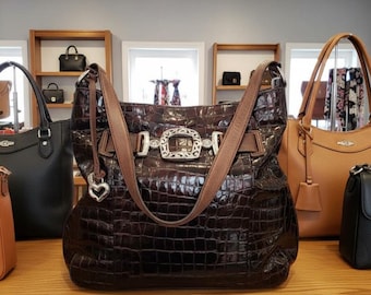 Brighton Cher brown patent croc embossed leather shoulder bag.