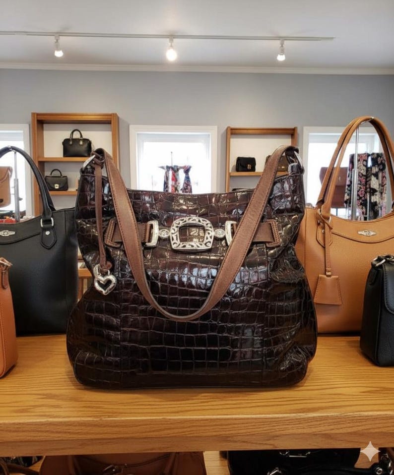 K&ouml;nnte beinhalten: Eine dunkelbraune, strukturierte Lederhandtasche mit silberner Schnalle und braunen Riemen. Die Tasche hat einen herzf&ouml;rmigen Anh&auml;nger und wird auf einem Holzregal mit anderen Handtaschen ausgestellt.