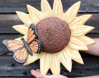 Personalized Garden Steward Sunflower & Monarch Cremation Urn – Unique Handmade Wall-Mounted Sculpture for Nature Lovers