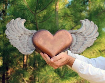 Flying Heart with Wings- Cremation Urn, Artistic Ceramic Sculpture- Large Unique Personalized Decorative Funeral Urns for Human Ashes