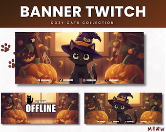 Cozy Cats Halloween Twitch Banner: Editable Streamer Templates (Canva)