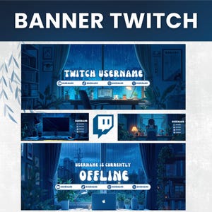 May include: A digital banner design for Twitch, featuring a blue and white aesthetic. The design includes text that reads "BANNER TWITCH", "TWITCH USERNAME", and "USERNAME IS CURRENTLY OFFLINE". The banner also incorporates illustrations of a room with a computer setup and a Twitch logo.