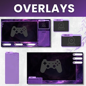 May include: Purple and black gaming overlays with a controller graphic. The word "OVERLAYS" is at the top. The overlays include webcam and chat boxes, and a background with a marbled texture.
