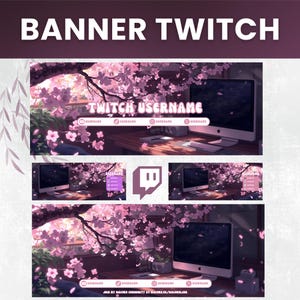 Może przedstawiać: Projekt banera Twitch z motywem kwiatu wiśni i konfiguracją komputera. Baner zawiera tekst "BANNER TWITCH" i "TWITCH USERNAME". Obecne są również ikony mediów społecznościowych i logo Twitch.