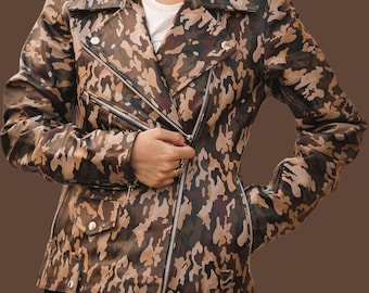 Women Sheep Leather Jacket Military Camouflage Print Jacket