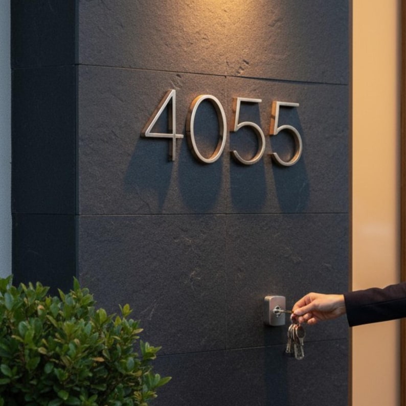 May include: Gold-colored house numbers, "4055", are mounted on a dark gray textured wall. A hand is inserting a key into a silver door lock. A small green bush is in the lower left corner.