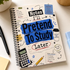 May include: A spiral-bound notebook with a cream cover featuring the text Notes I'll Pretend To Study Later in blue and black. The cover includes illustrations of a calculator, a pencil, a coffee cup, and checklists with handwritten-style text.