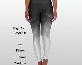 Leggings da yoga sfumati dal nero al bianco, leggings a vita alta con effetto gradazione, pantaloni minimalisti per allenamento in studio, abbigliamento sportivo color fumo, completo da pilates e running
