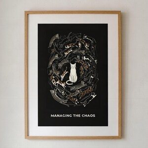 Può includere: Stampa artistica incorniciata con un gatto bianco al centro su sfondo nero, circondato da illustrazioni di gatti. Il testo "MANAGING THE CHAOS" è stampato in basso.