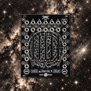 May include: A black modular synthesizer panel featuring five vertical faders, numerous circular input and output ports, and a central star chart graphic. The panel includes labels such as in, io1 through io5, master io, clock, gate, and Serpens Modular.