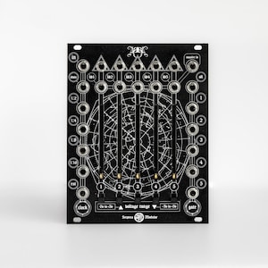May include: Black modular synthesizer panel with white graphics and text. Features include numerous jacks, sliders, and labels such as "clock," "gate," and "voltage range." The panel has a celestial map design in the center.
