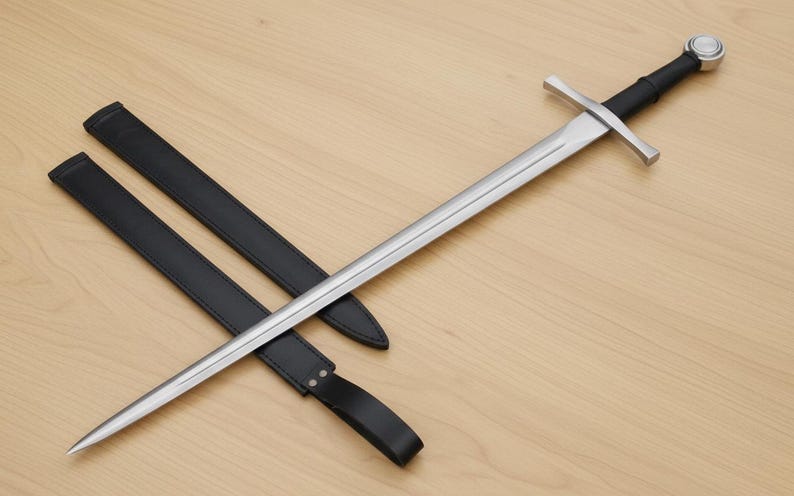 May include: A medieval-style sword with a silver blade and a black handle. The sword is laid across a black leather sheath on a light wood surface. The sword's crossguard and pommel are silver.