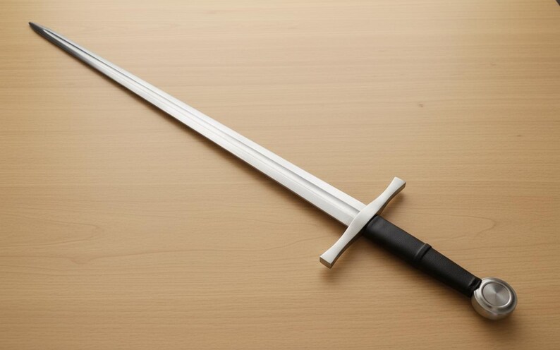 May include: A long, silver sword with a cross-shaped hilt and a black handle. The sword is lying on a light brown wooden surface. The blade is sharp and pointed, and the handle has a rounded pommel.